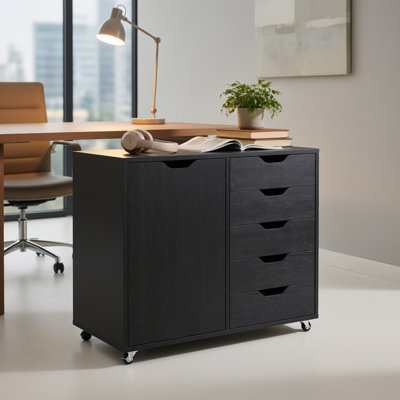  Chariot de rangement roulant à 5 tiroirs avec armoire latérale, organisateur de bureau mobile pour le salon, la chambre à coucher et la salle de bricolage, noir