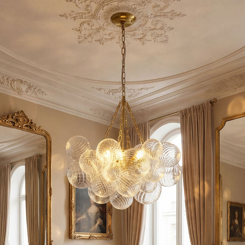 Lustre grappe en verre poli moderne en laiton poli, 4 lumières E12, chaîne réglable, compatible avec plafond incliné