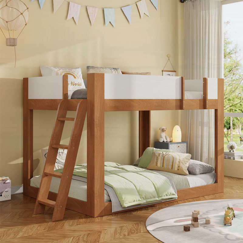 Lit double superposé double pleine grandeur, convertible en bois avec échelle réversible et garde-corps de sécurité, noyer et blanc