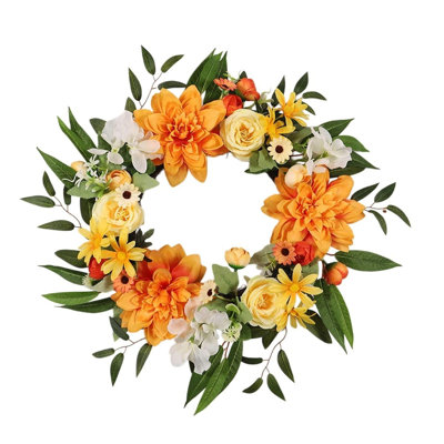 Couronne de porte artificielle mixte 19,7 pouces, rose Dahlia et couronne de verdure pour décoration murale de maison de campagne, plusieurs couleurs disponibles