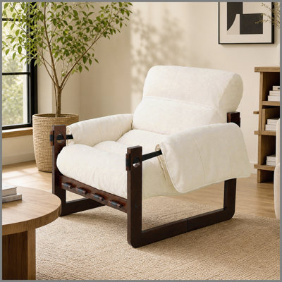 Fauteuil d'appoint en chenille, méridienne rembourrée avec structure en bois, fauteuil de lecture confortable avec siège rembourré, dossier et accoudoirs roulés pour le salon, la chambre à coucher, le coin lecture, beige