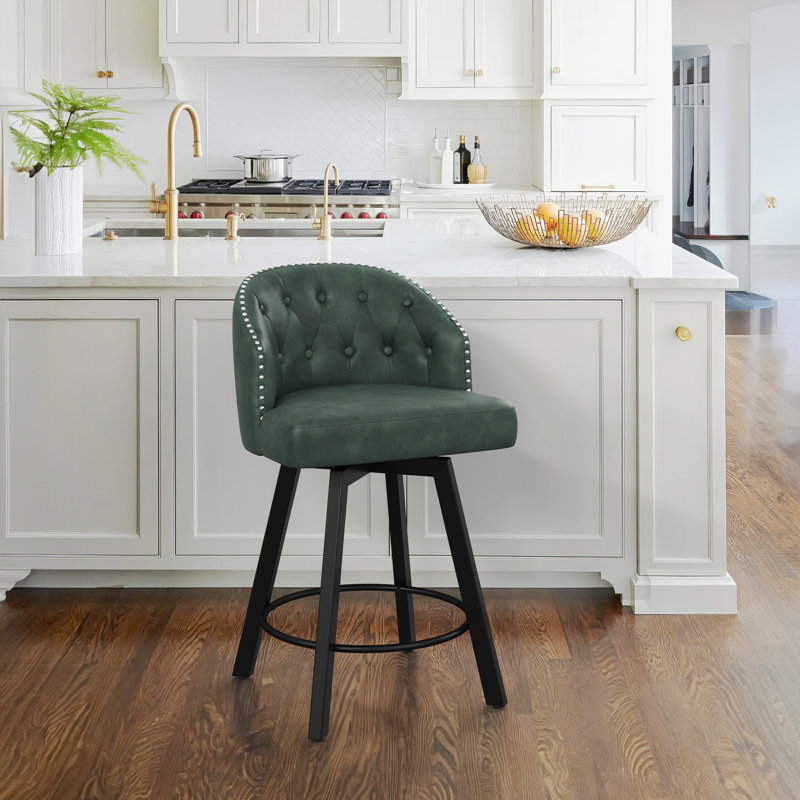 Elyan Swivel Upholstered Counter Stool with Metal Frame, Green/Faux Leather