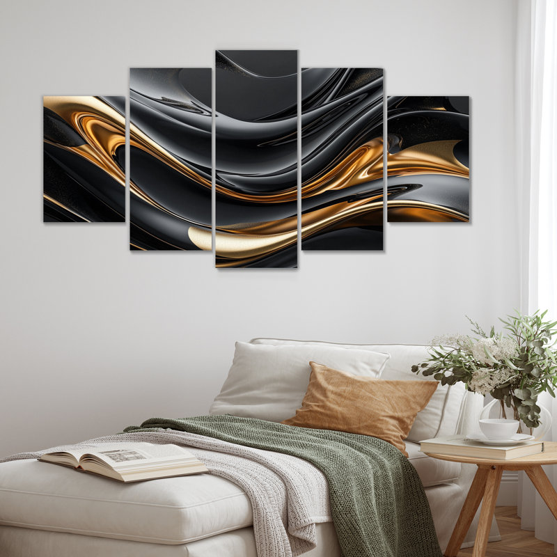 Ensemble de salon captivant en marbre noir et or III - Vagues modernes abstraites