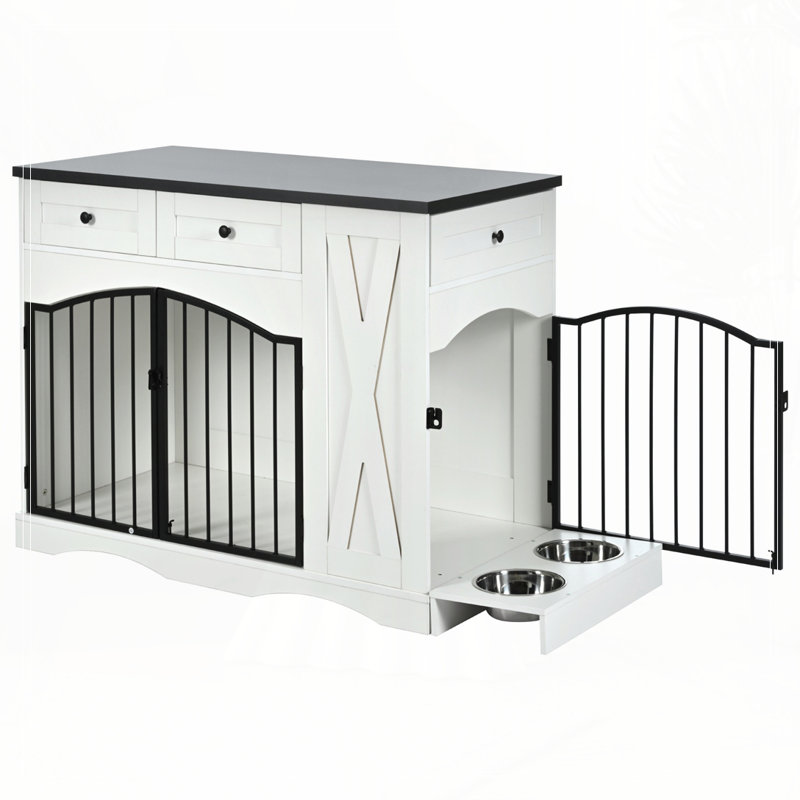 Meuble de rangement pour chien 43,3 ", cage robuste pour chien avec 3 tiroirs, Noir, blanc