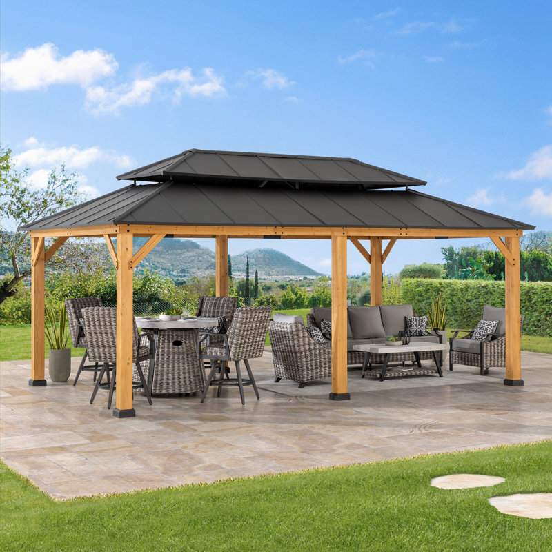 Sunjoy 12 x 20 ft. Wood Gazebo, Outdoor Patio Steel Hardtop Gazebo, Cedar Framed Wooden Gazebo with 2-Tier Metal Roof, Suitable for Patios, Lawn and Backyard