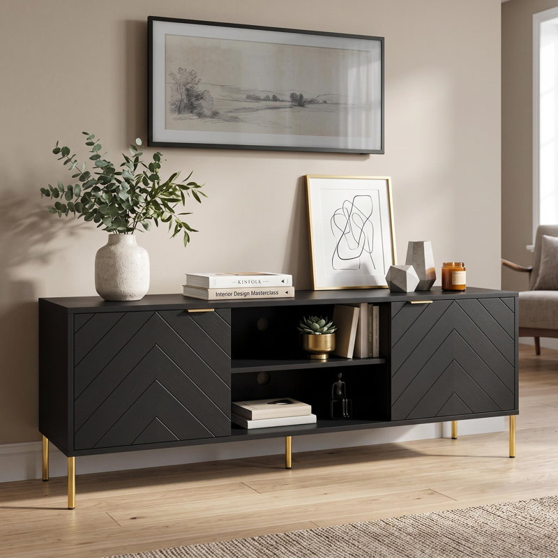 Unique Herringbone Design Multifunctional TV Stand With LED Light, Black