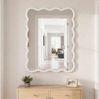30"x40" Wavy‑Rectangle Solid‑Wood‑Frame Decorative Wall Mirror, White Finish, for Bedroom, Bathroom, Living Room & Entryway