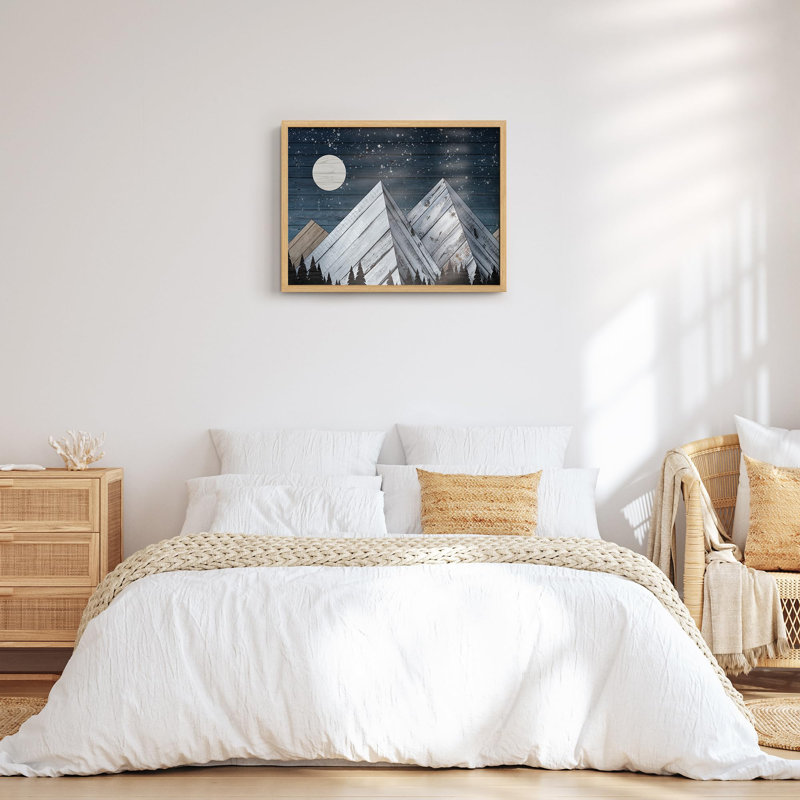 Montagnes bleues en bois sous les étoiles, Illustration moderne, petit décor, œuvre d'art moderne, Naturel, H 8 po x l 10 po