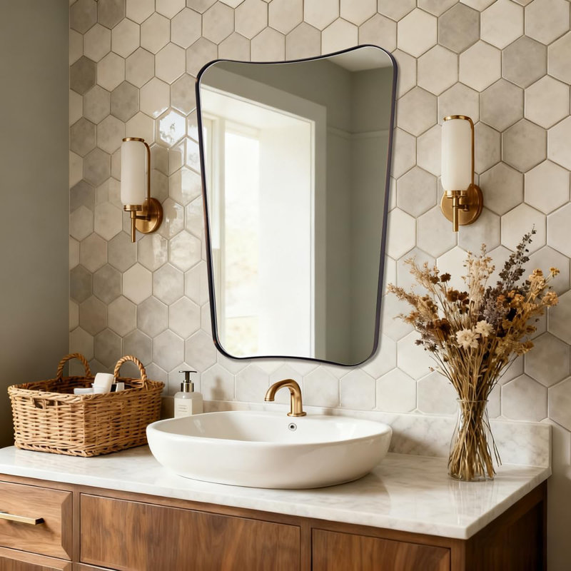 Contemporary Concave Scalloped Irregular Bathroom Vanity Mirror | Stainless Steel Frame, 30" x 22", Brushed Bronze