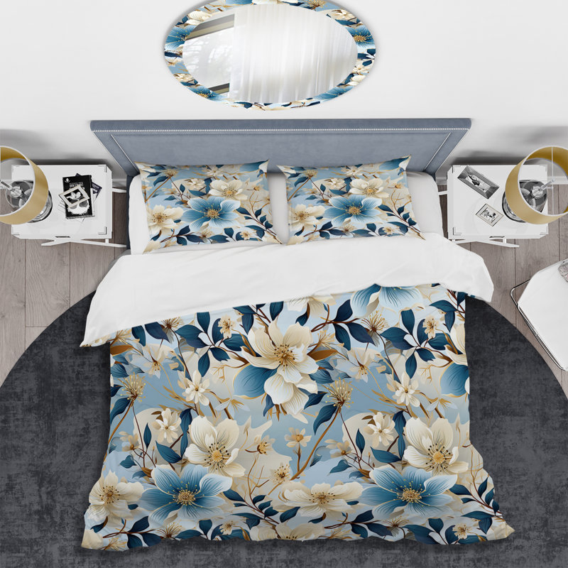 Motif floral blanc et bleu - Ensemble de housse de couette floral - Polyester microfibre