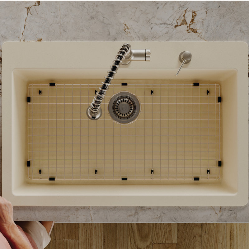 Karran Quartz 33'' X 22'' Large Single Bowl Drop-in Kitchen Sink With Bottom Grid and Strainer, Bisque