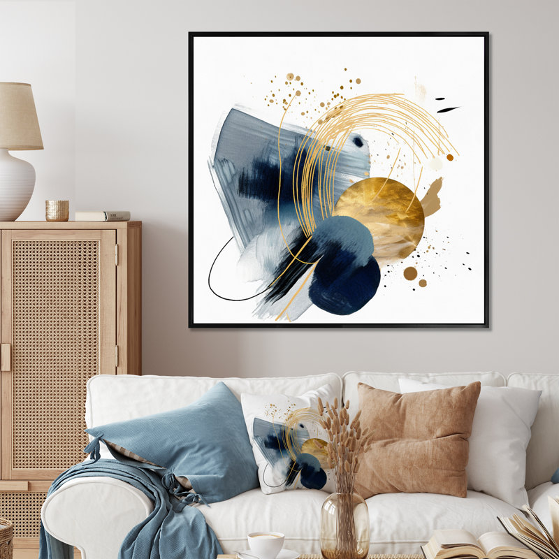 «Landscape of Dark Blue and Gold Strokes III», reproduction d'art sur toile géométrique abstraite, 36" H x 36" W