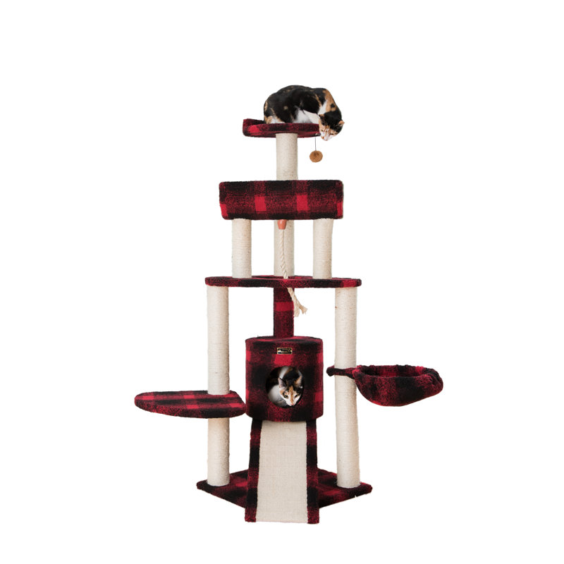 58'' Red and Black Plaid Sisal Cat Tree with Condo and Ramp
