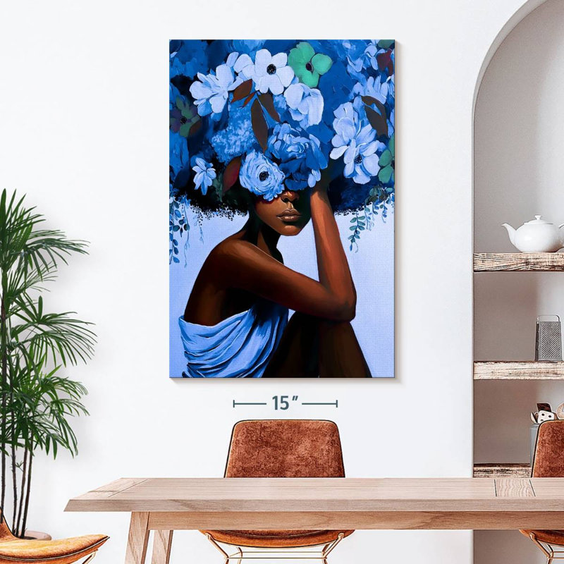 Fille aux cheveux bleus sur toile, H 48 po x l 32 po x P 1,25 po