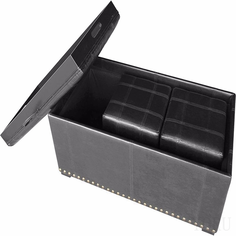 Banc de rangement en cuir avec 2 repose-pieds latéraux, noir