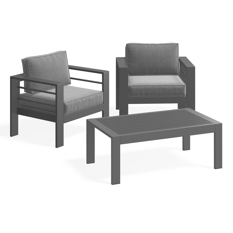 2-person All Aluminum Outdoor Conversation Set With Cushions, Gray, 3 Pcs: 2 Chairs, Coffee Table, Gray