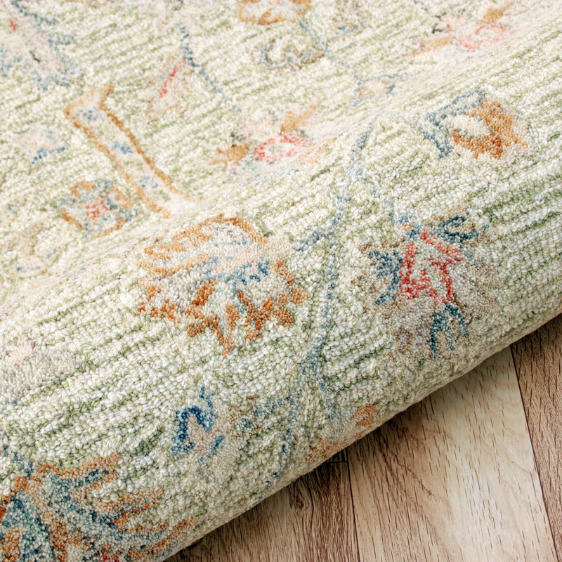 Floral Hand Tufted Wool Rug Cream Green Taupe