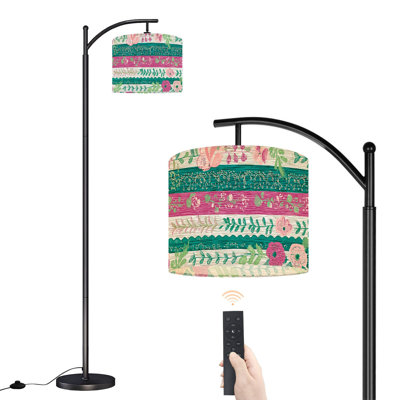 Arc Floor Lamp with Adjustable Lampshade Boho Floral Abstract Striped vintage Standing Lamp 3 Color Temperatures Dimmable Tall Pole Lamp with Foot Switch for Bedroom