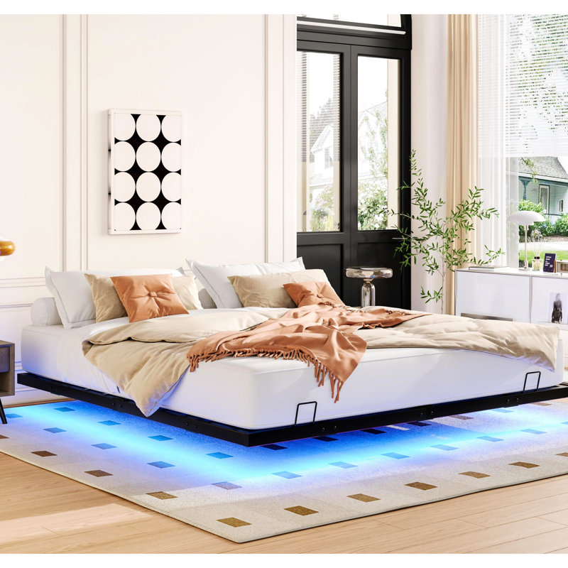 Structure de lit très grand en métal avec lumières sous les lumières DEL - environnement de sommeil silencieux, épaisseur de matelas recommandée de 6 à 8 po