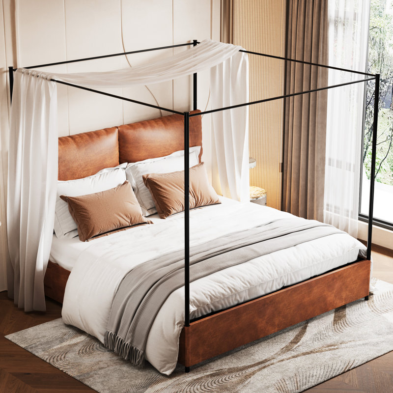 King Canopy Bed Frame with Upholstered Headboard，No Box Spring Needed，Easy to Assemble, Metal Bar Support, Brown, King
