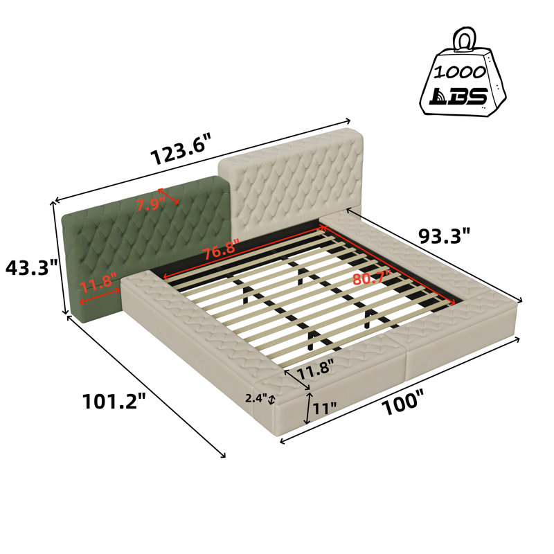 Contemporary Special-Shaped Fully Upholstered Bed With Deep Button Tufting And Storage Compartments In Rails And Footboard,No Box Spring Needed,,Beige