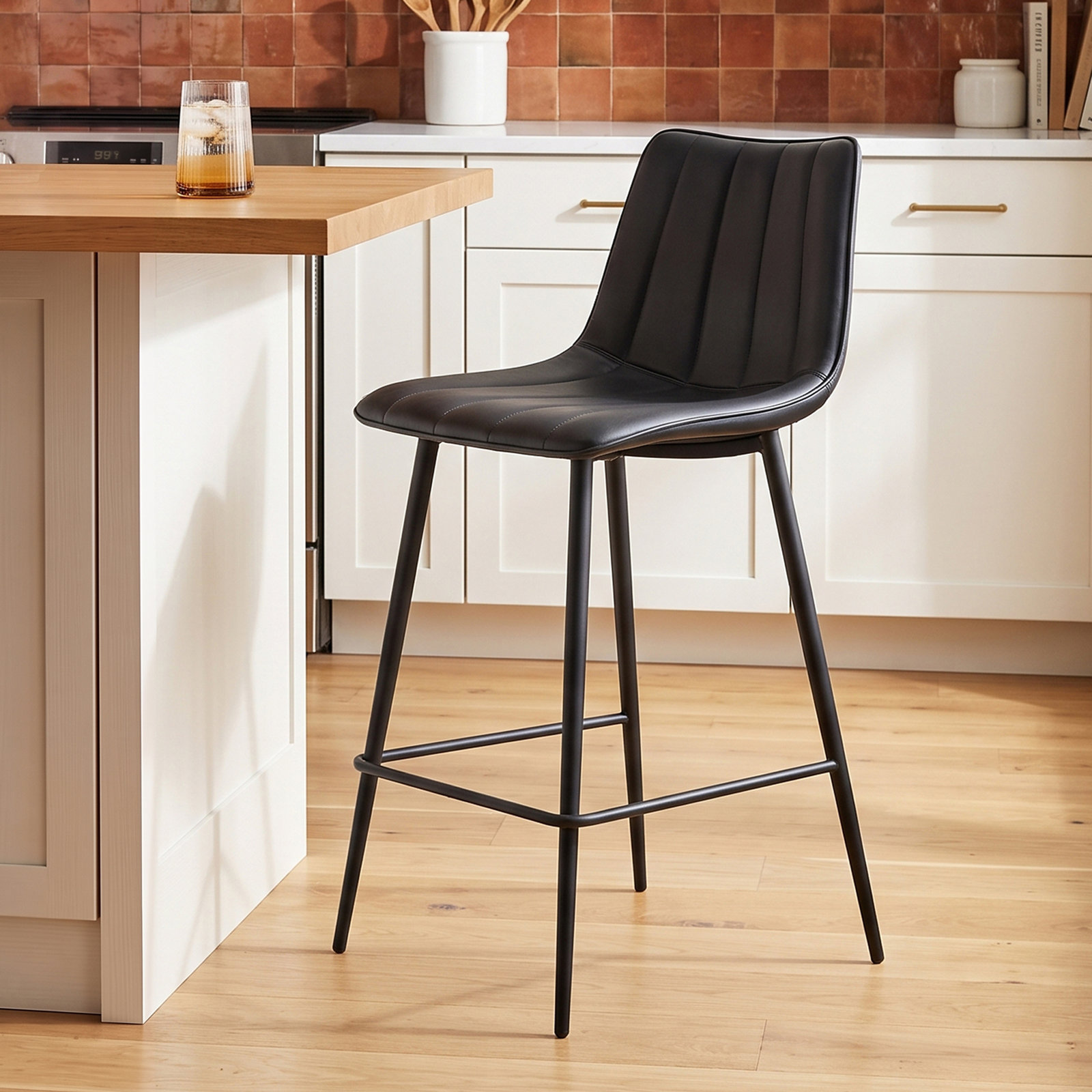 Finnigan Bar Stool, Counter Stool (26" Seat Height), Black/Faux Leather