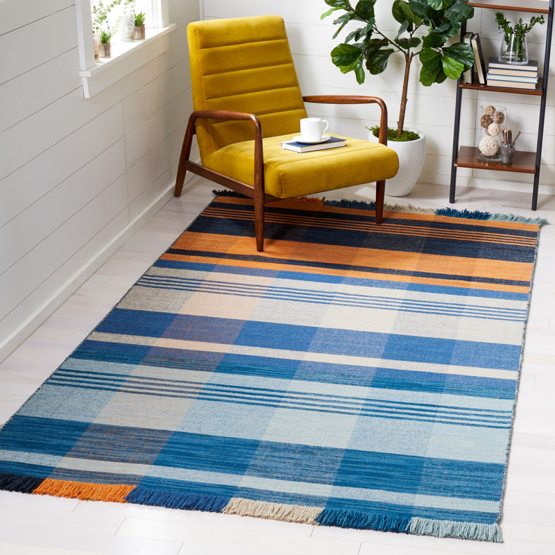 Anjail Flat Weave Wool/Cotton Plaid Rug in Orange/Blue, Rectangle 5' x 8'
