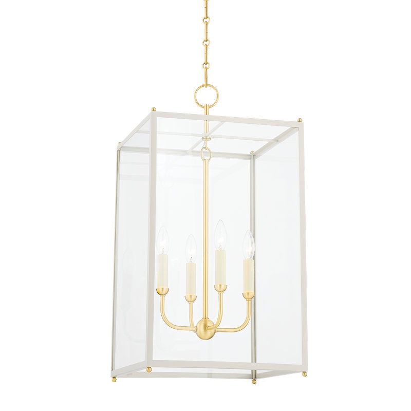 Luminaire suspendu simple en laiton vieilli 4 lumières Chaselton, Verre transparent / blanc