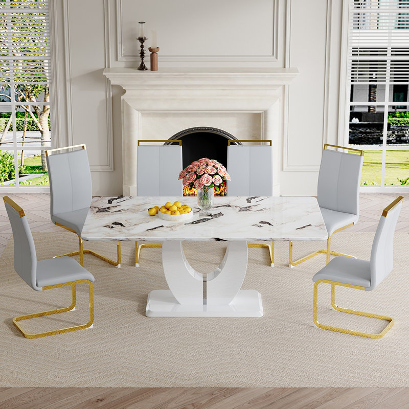 Dining Table Set, Light Gray/Gold, Dalishi, 7 pieces