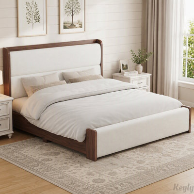 Solid Wood Platform Bed with Boucle Upholstered Headboard and Footboard