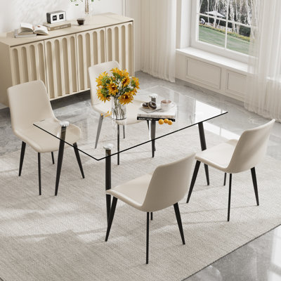 Ensemble de table de salle à manger rectangulaire moderne en verre, table de salle à manger rectangulaire avec 4 à 6 chaises en similicuir, plateau de table en verre trempé avec pieds en métal noir, ensemble de table de cuisine pour la maison, le salon