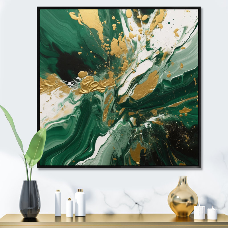 «Green and Gold», art mural abstrait sur toile, H 24 po x l 24 po, Noir, Reproduction avec cadre flottant