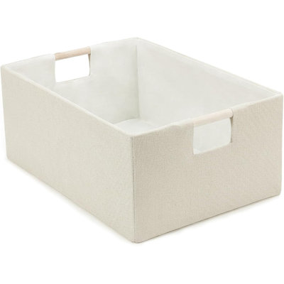 Foldable Fabric Storage Basket for Shelves, Linen Decorative Storage Bin with Wooden Handles, Small Organizer Cube for Closet, Rectangle Canvas Box for Organizing, Decor, 15x10.6x6 Inches (Beige)