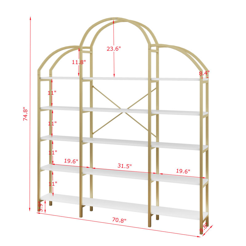 5 Tier Bookshelf With Curved Top, X Bar Gold Shelf, Arched Bookshelf With Anti-Tipping Device And Adjustable Foot Pads