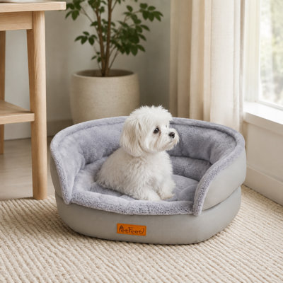 Round Pet Bed with Thick Plush Padding – Soft Faux Fur & Tech Fabric Nest, Non-Slip Bottom & Machine Washable, for Cats & Small to Medium Dogs (20" / 23.6", Grey)