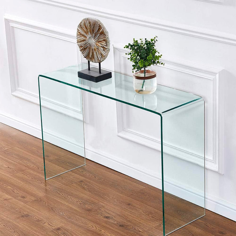 Transparent Glass Console Table Transparent Clear Sofa Table, Modern Bent Console Table Semund, 30" H x 36" W x 8" D