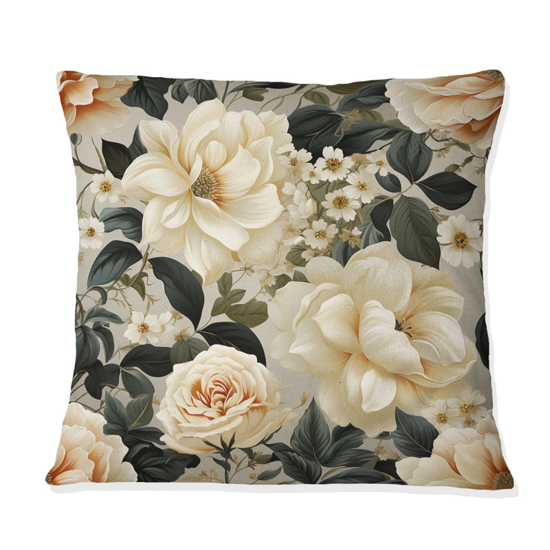 Coussin décoratif à imprimé floral rose et beige II, H 16 po x l 16 po