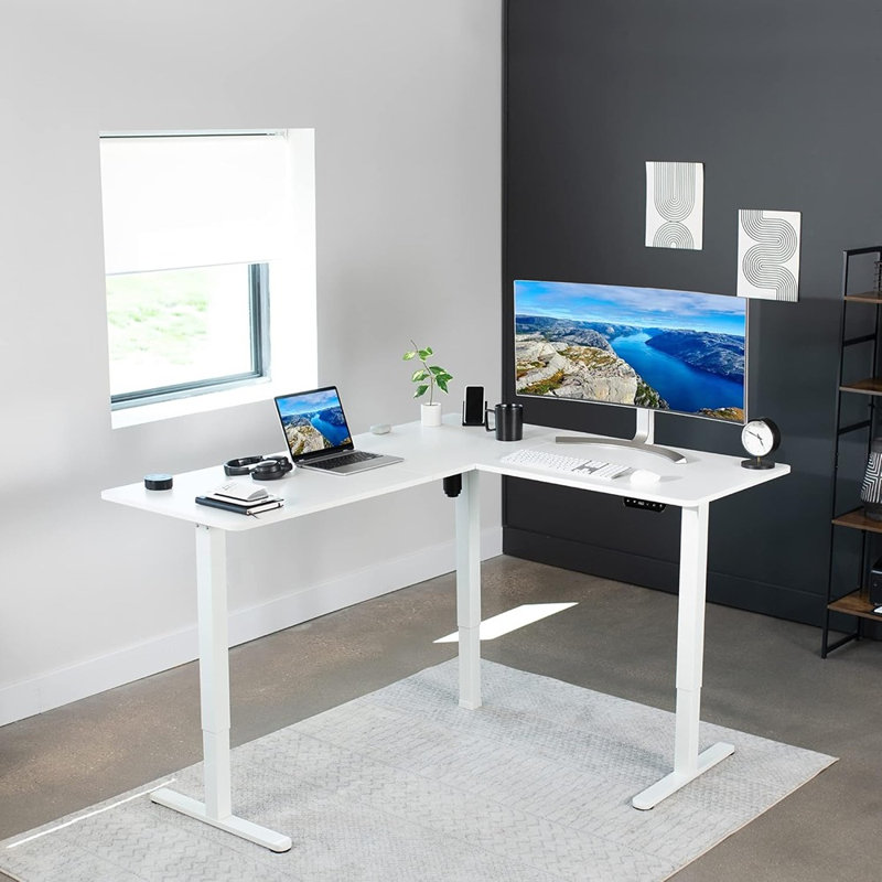 Bureau de coin en L pour bureau debout - 63 po x 55 po - Hauteur réglable - Plateau et cadre blancs