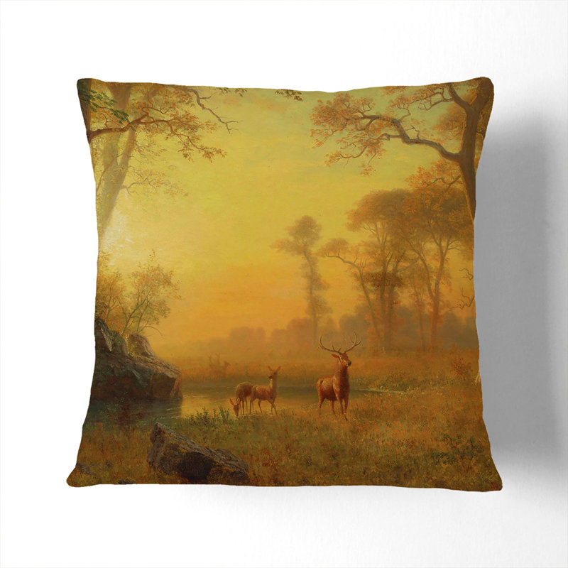 Sunset River With Deer Square Throw Cushion, 40cm H x 40cm W x 15cm D