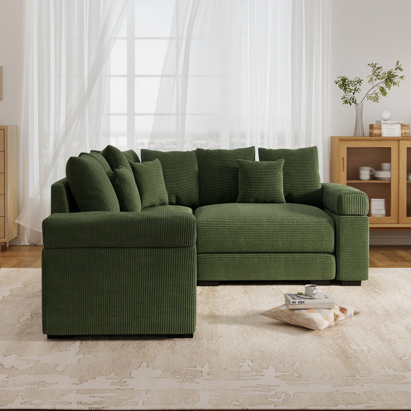 79" L-Shaped Corduroy Upholstered Sectional, Green Corduroy