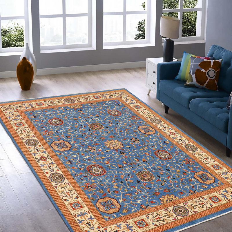 Tapis oriental rectangulaire en laine bleu clair / orange 9 pi 2 po x 11 pi 10 po Silke