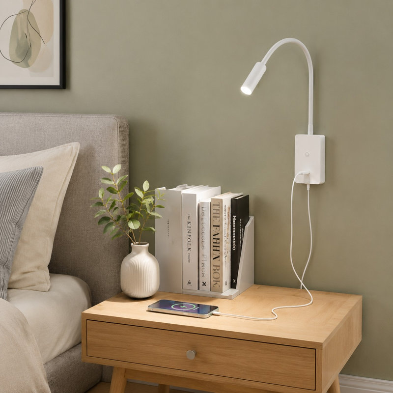 Cette lampe de chevet DEL murale est munie d'une télécommande sans fil, d'une minuterie et d'une sortie USB 5V 2A. Elle utilise un spot flexible pour la chambre avec un éclairage blanc neutre 4000K à intensité variable.
