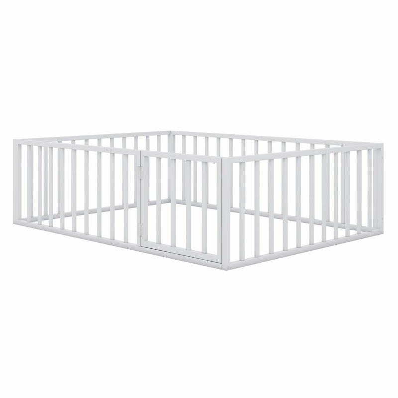 Floor Bed Frame With Fence And Door, White