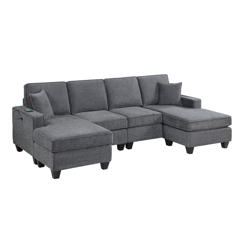 3Pc Sectional Set Right Arm And Left Arm Chaise USB Port Armless Loveseat Plastic Legs Matching Two Pillows Primary Living Room Slate Gray Finish