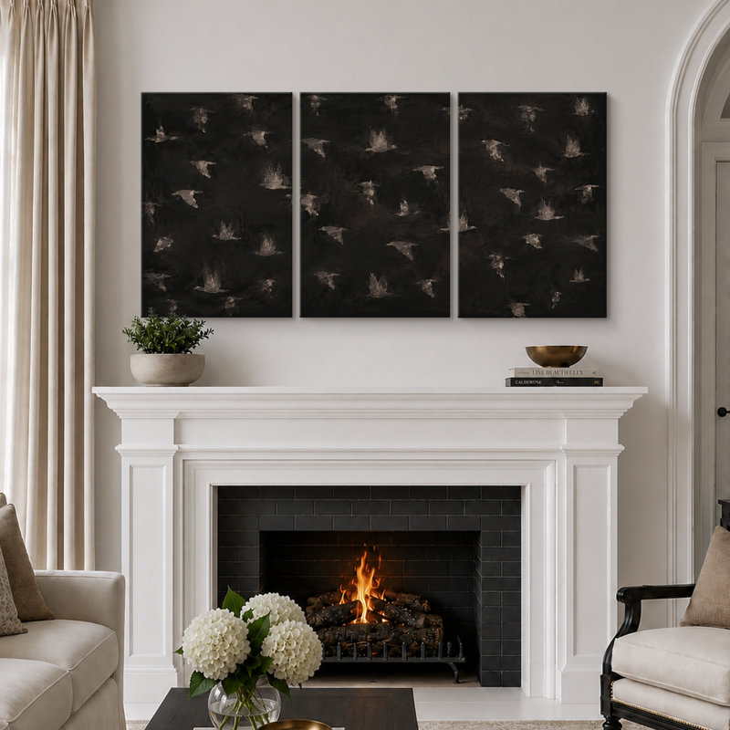 «Dark Flying Birds Nature», art du salon, estampe numérique sur toile encadrée, 3 pièces, H 36 po x l 72 po x P 1,5 po