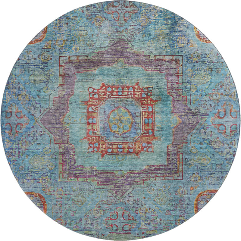 Premium Machine Washable Mayfield AMF2159 global Rug, Teal, Round 8'