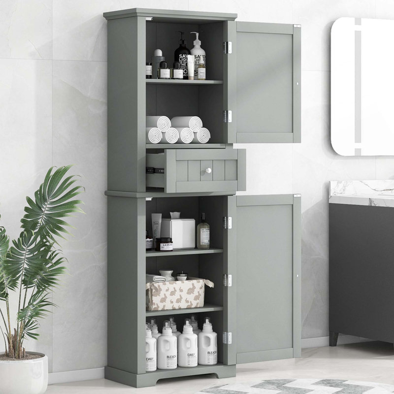 Grande armoire de rangement autoportante pour salle de bain avec tiroir et tablette réglable, finition peinte, Gris