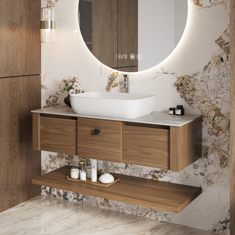 48"Mid Century Modern Wall-Mounted Bathroom Vanities,Single Sink,Brown Wood Texture with Sintered Stone Table top,Not Assembled Need