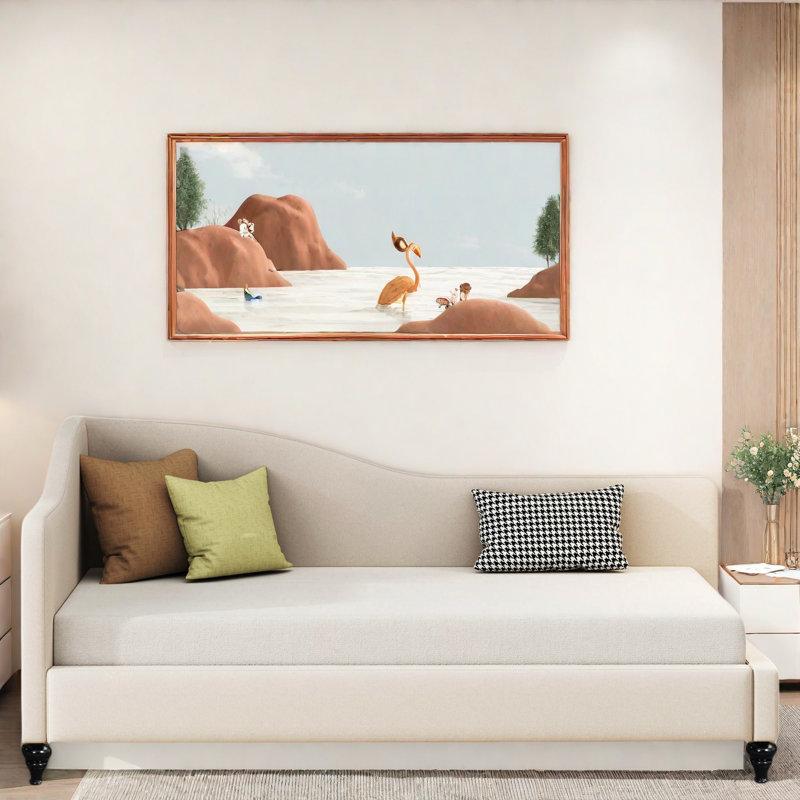 L-shaped Linen Daybed With Solid Wood Legs, Twin, Beige