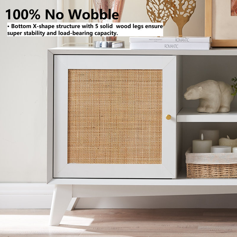 Linets Natural Rattan TV Stand,TV Console Table With Adjustable Shelves For TVs Up 75", White